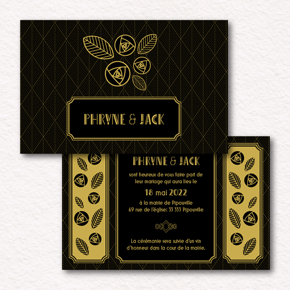 Invitation d'inspiration Art Déco avec un motif de roses.