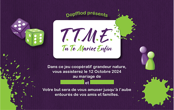 Invitation de mariage sur le thème des jeux de société, dans les tons vert et violet - page 1.