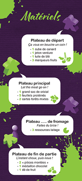 Menu de mariage sur le thème des jeux de société, dans les tons vert et violet.