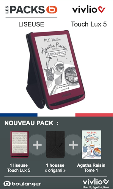 Packaging représentant une liseuse avec une housse et la couverture d'un livre offert en bundle sur l'écran.