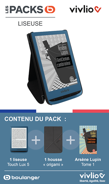 Packaging représentant une liseuse avec une housse et la couverture d'un livre offert en bundle sur l'écran.