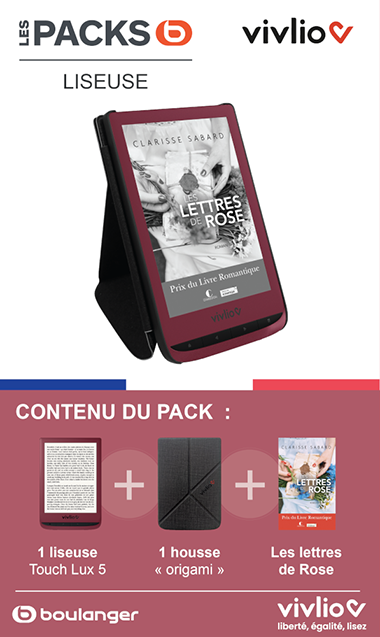 Packaging représentant une liseuse avec une housse et la couverture d'un livre offert en bundle sur l'écran.