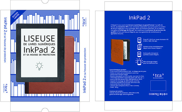 Packaging liseuse noir grand format avec un fond bibliothèque bleu.