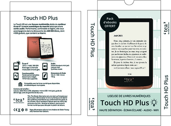Packaging liseuse HD cuivre avec un fond bibliothèque gris.
