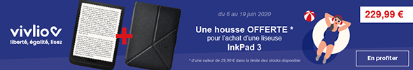 Bannière promotionnelle pour une offre liseuse InkPad 3 Vivlio avec  une housse offerte.