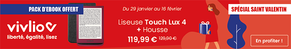 Bannière promotionnelle spéciale saint Valentin pour un bundle liseuse Vivlio Touch Lux4 + housse.