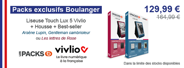 Bannière mobile pour une offre promotionnelle pour des packs Boulanger liseuse Vivlio Touch Lux 5 + housse + Best-seller.
