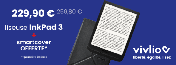 Bannière mobile pour une offre liseuse Vivlio InkPad 3 + smart cover offerte.
